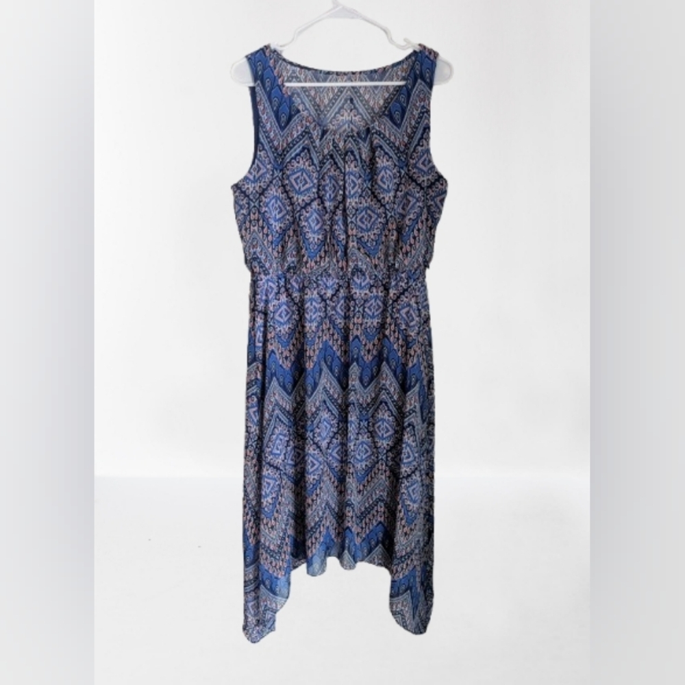 AB Studio Blue and Orange Paisley Midi Dress with Handkerchief Skirt- XL